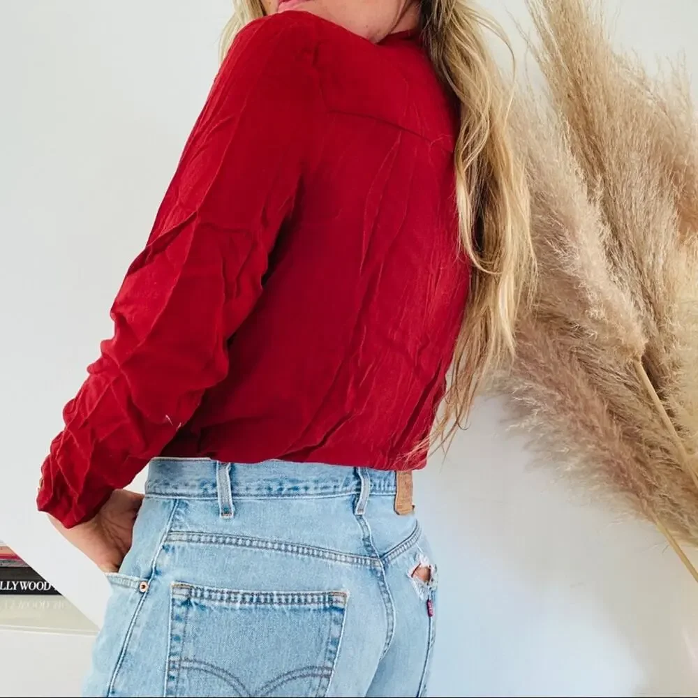 NEW NWT FREE PEOPLE Elsa Long Sleeve Deep Plunge Red Lace Blouse Bodysuit XS